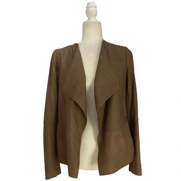 Vince Leather Jacket Draped Collar Open Front in Cocoa Brown - Picture 2 of 11